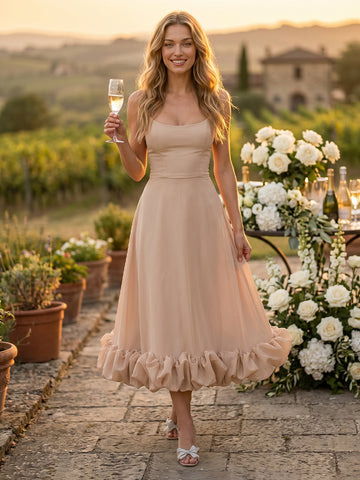 A Line Satin Spaghetti Straps Sleeveless Wedding Guest Dresses