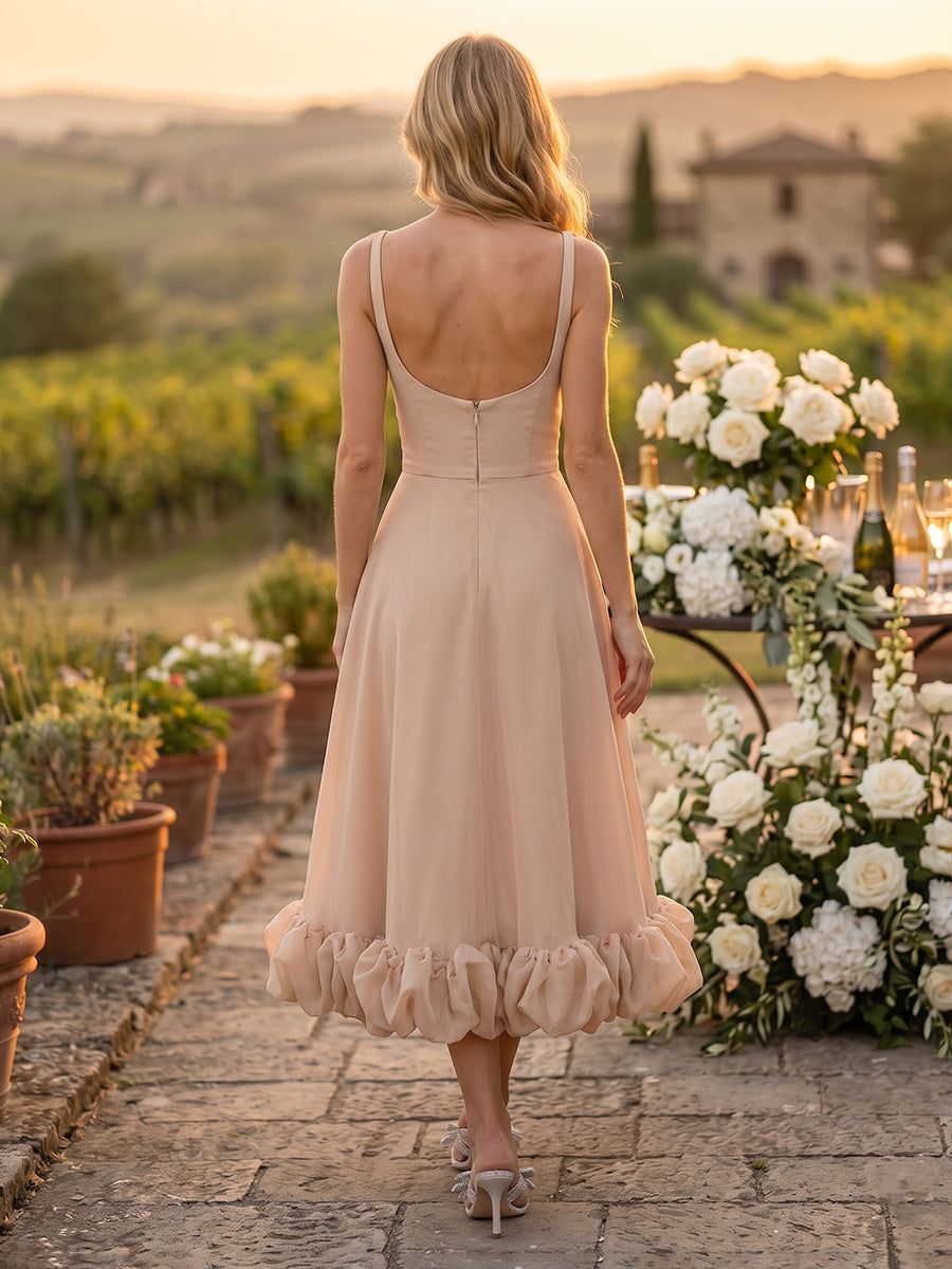 A Line Satin Spaghetti Straps Sleeveless Wedding Guest Dresses