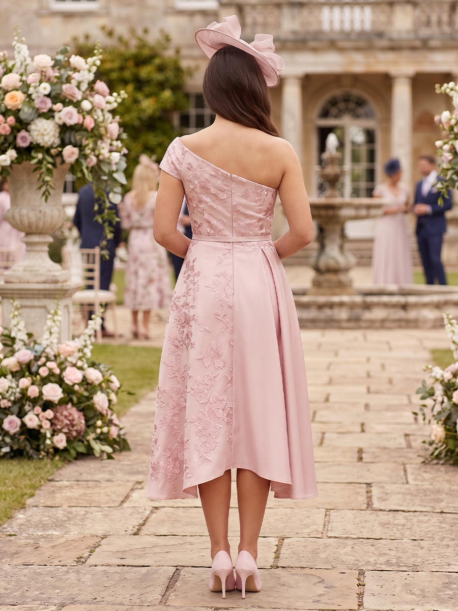 One Shoulder Satin A Line Short Sleeves Jacquard Wedding Guest Dresses