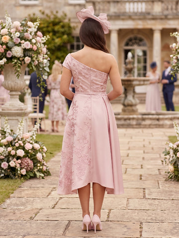 One Shoulder Satin A Line Short Sleeves Jacquard Wedding Guest Dresses