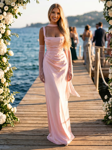 Sheath Square Neck Satin Sleeveless Long Wedding Guest Dresses