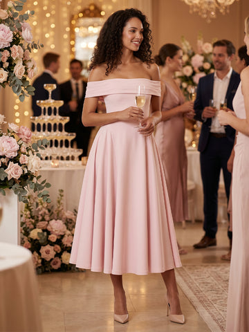 A Line Off the Shoulder Satin Sleeveless Wedding Guest Dresses