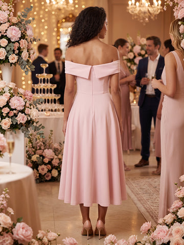 A Line Off the Shoulder Satin Sleeveless Wedding Guest Dresses