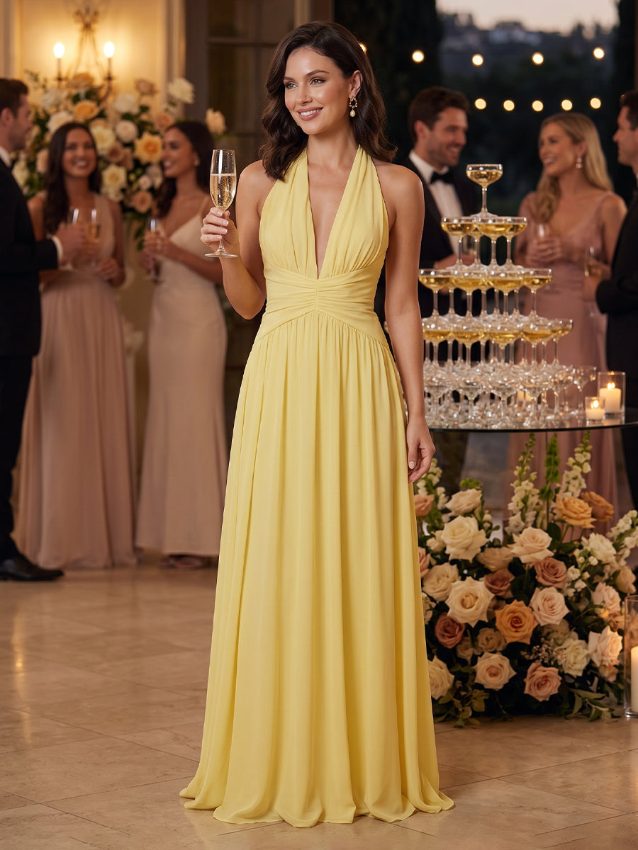 A Line Halter Chiffon Sleeveless Long Wedding Guest Dresses