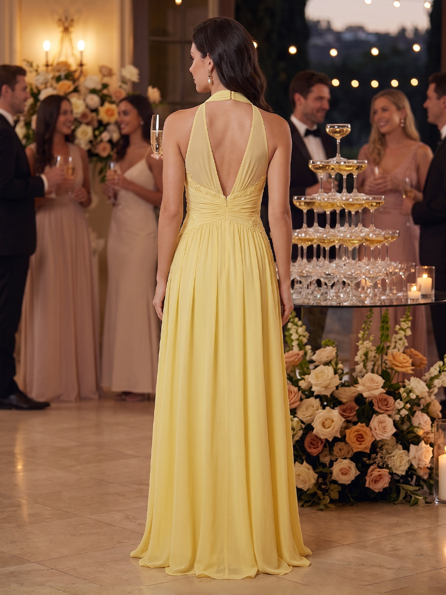 A Line Halter Chiffon Sleeveless Long Wedding Guest Dresses
