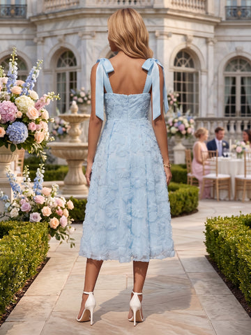 A Line Tulle Spaghetti Straps Lace Applique Sleeveless Wedding Guest Dresses