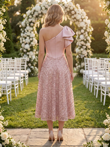 One Shoulder Satin A Line Sleeveless  Corset Wedding Guest Dresses