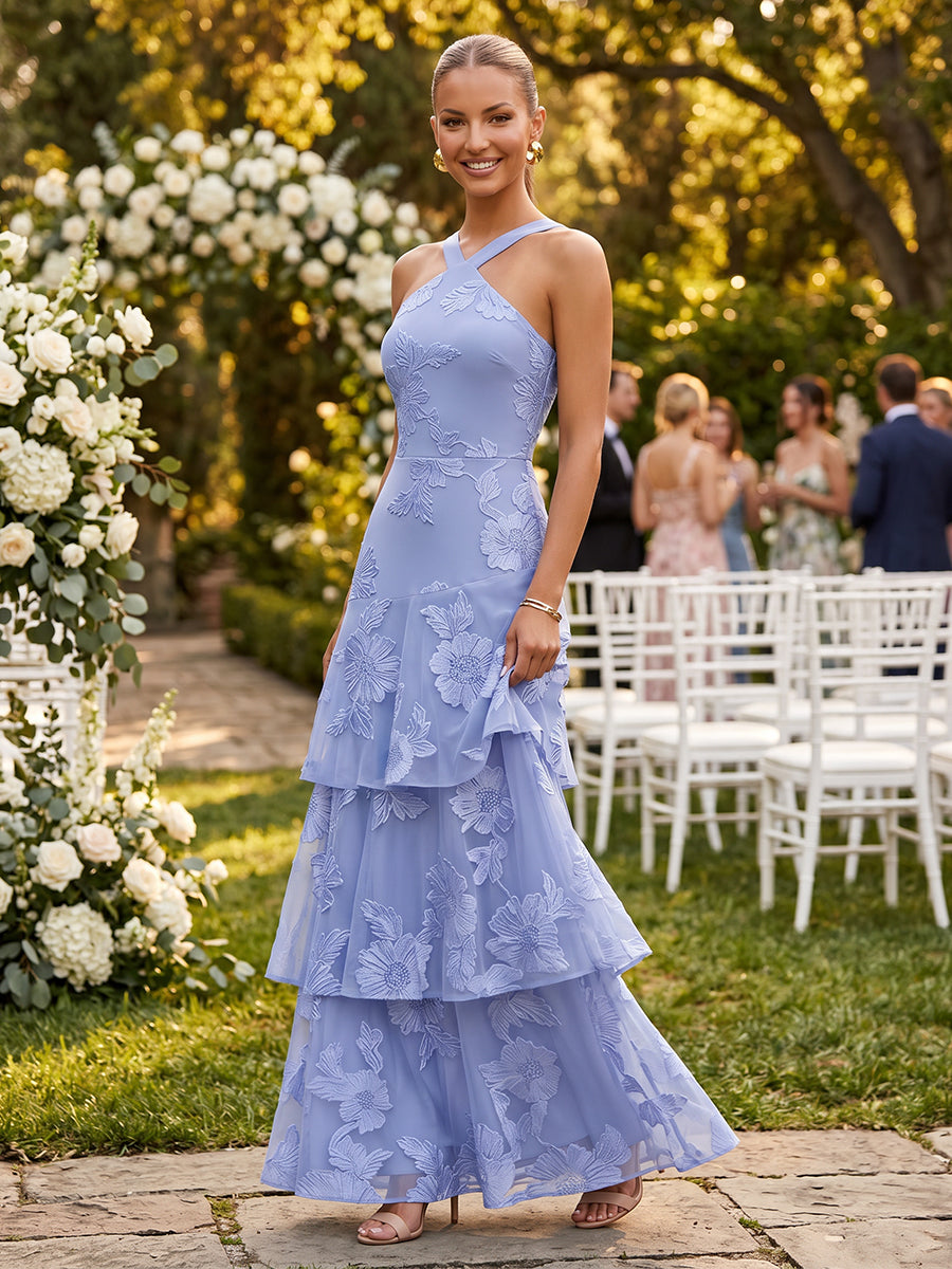 Chiffon A Line Halter Sleeveless Tiered Wedding Guest Dresses