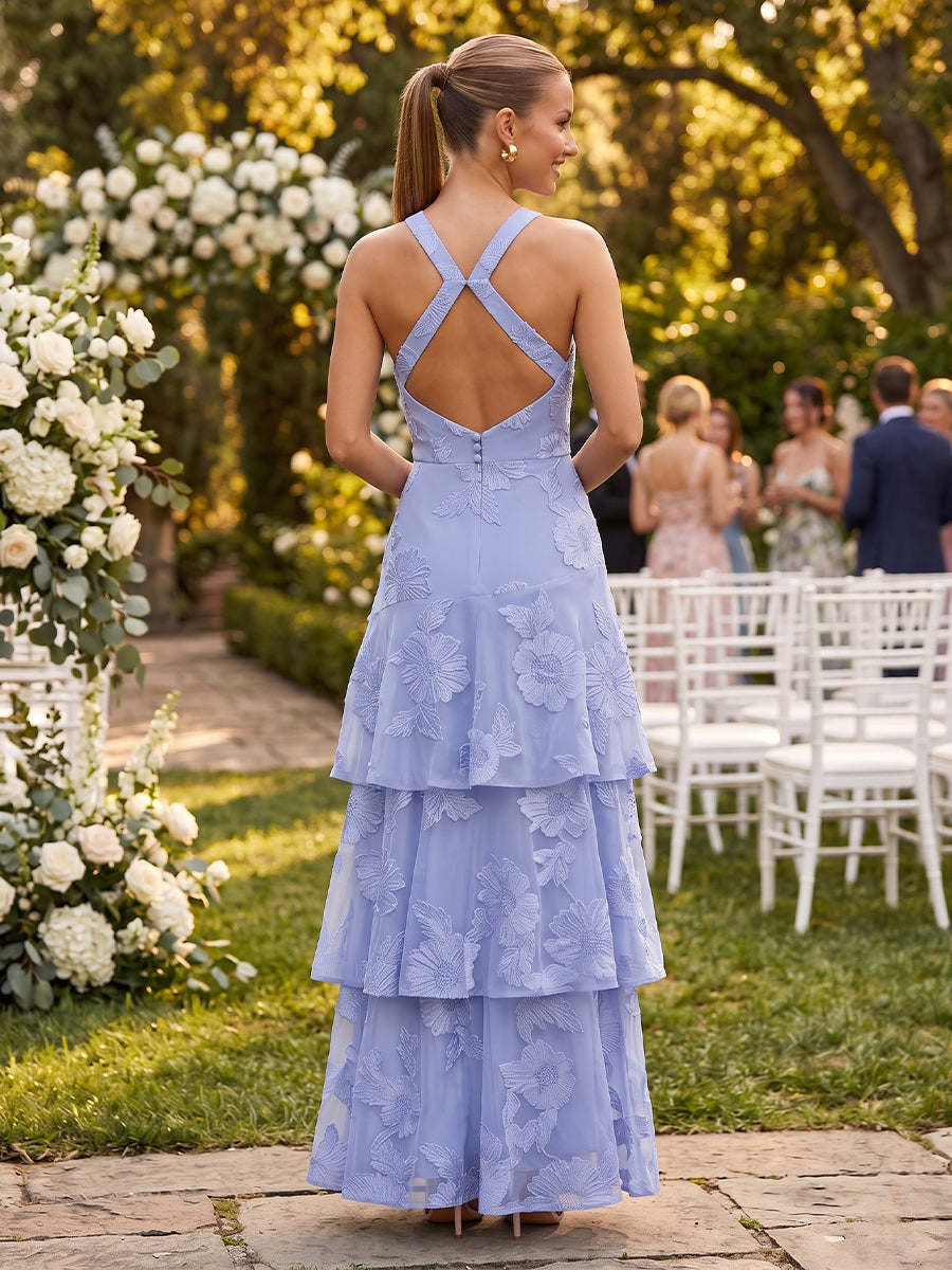 Chiffon A Line Halter Sleeveless Tiered Wedding Guest Dresses