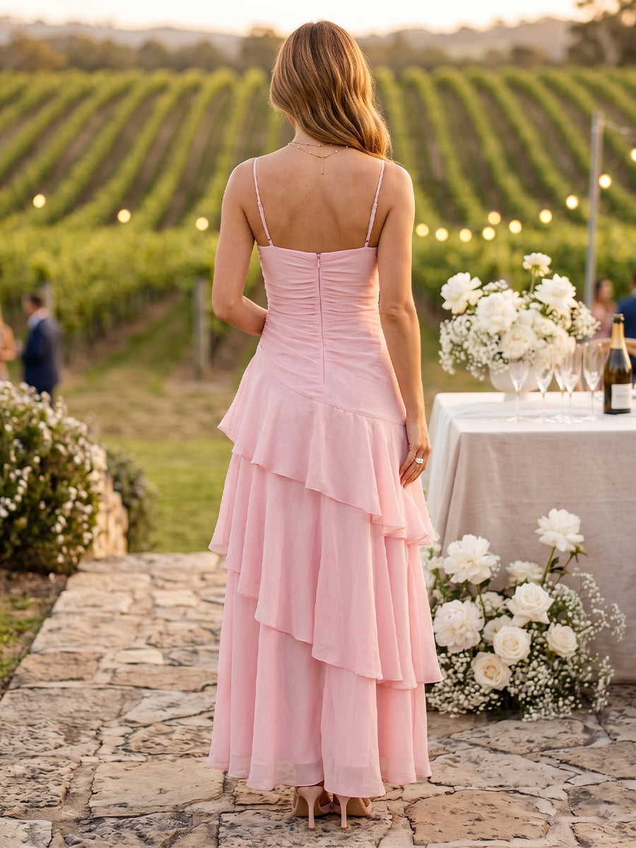 A Line Spaghetti Straps Chiffon Sleeveless Tiered Wedding Guest Dresses