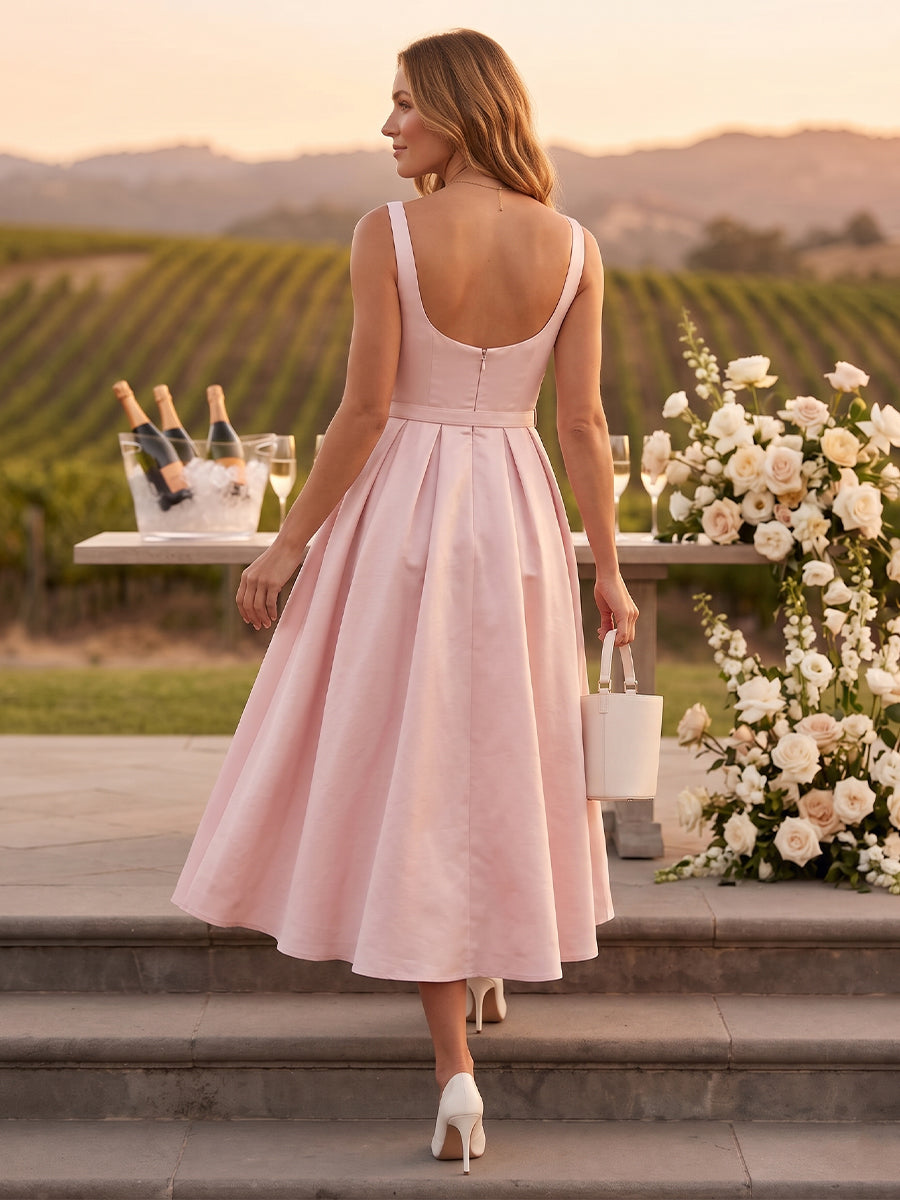 A Line Square Neck Satin Sleeveless Wedding Guest Dresses