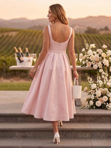 A Line Square Neck Satin Sleeveless Wedding Guest Dresses