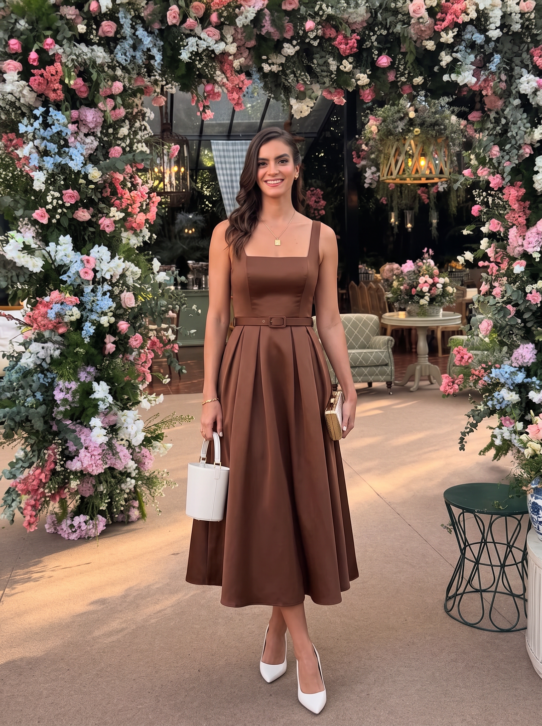 A Line Wedding Guest Dresses Square Neck Satin Tea Length Sleeveless Blush Pink 2026