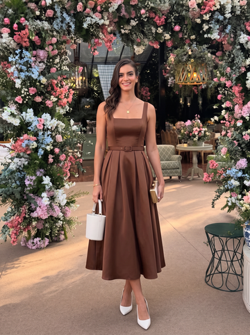 A Line Wedding Guest Dresses Square Neck Satin Tea Length Sleeveless Blush Pink 2026