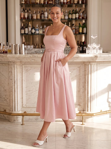 A Line Wedding Guest Dresses Square Neck Satin Tea Length Sleeveless Blush Pink Plus Size