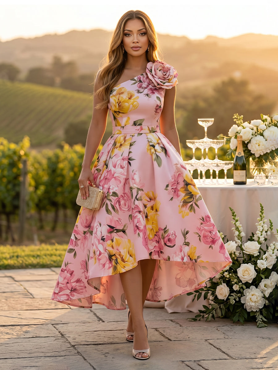 A Line Satin One Shoulder Floral Print Sleeveless Wedding Guest Dresses