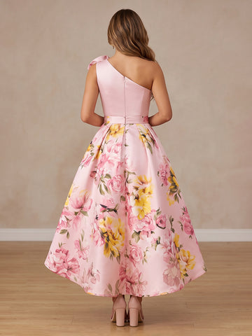 A Line Satin One Shoulder Floral Print Sleeveless Wedding Guest Dresses