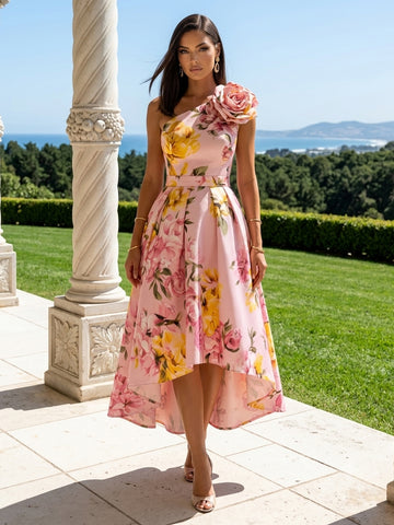 A Line Wedding Guest Dresses One Shoulder Satin 3D Flower Sleeveless Blush Pink 2026