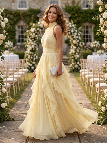 A Line High Neck Chiffon Sleeveless Wedding Guest Dresses with Pleated