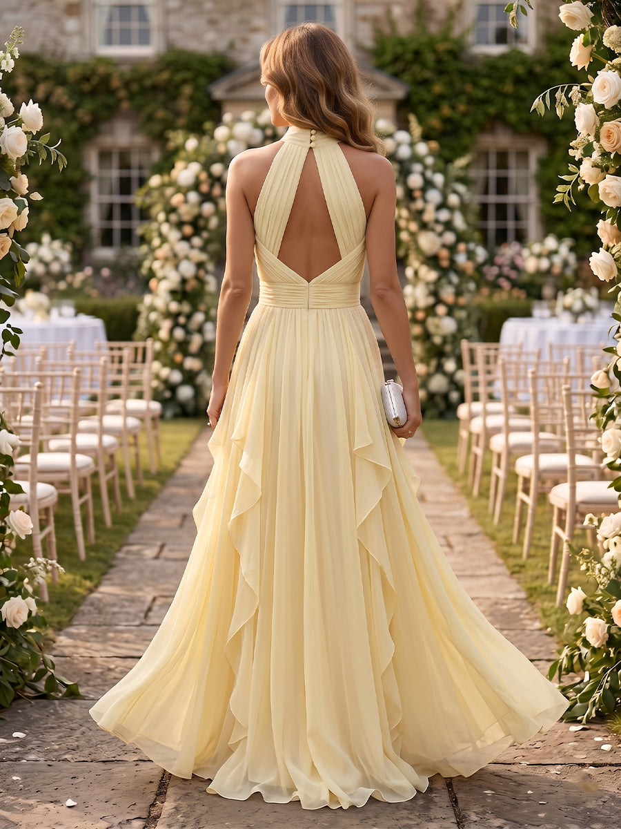 A Line High Neck Chiffon Sleeveless Wedding Guest Dresses with Pleated