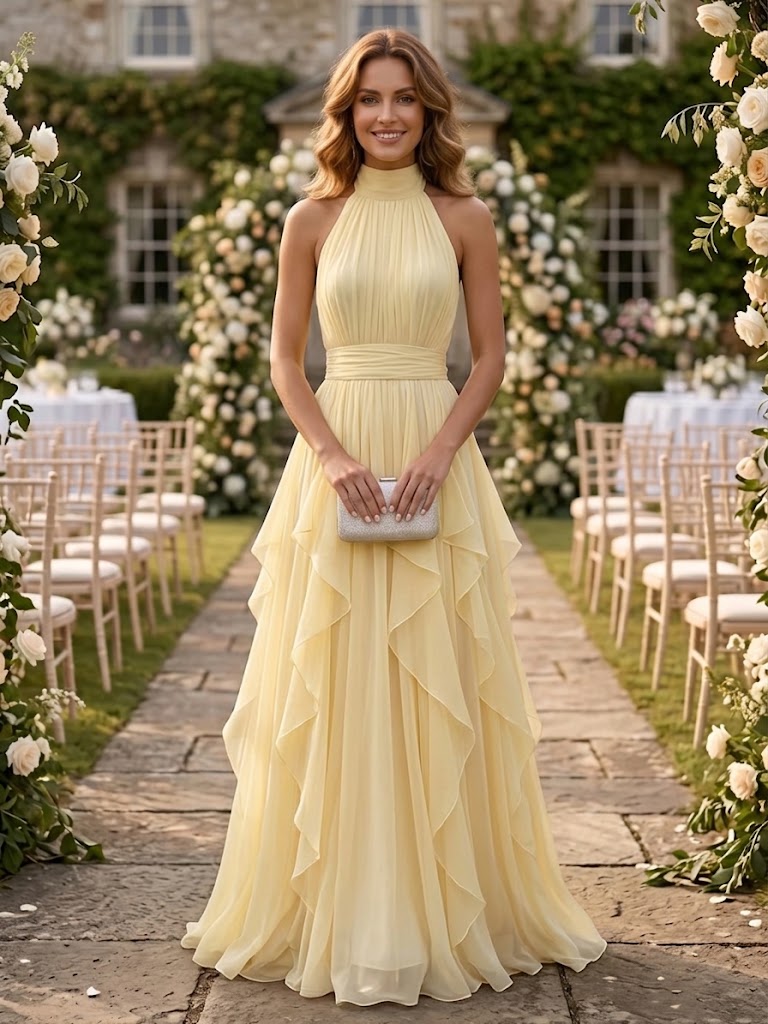 A Line High Neck Chiffon Sleeveless Wedding Guest Dresses with Pleated
