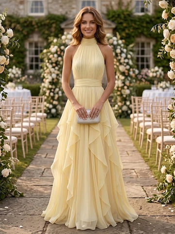 A Line High Neck Chiffon Sleeveless Wedding Guest Dresses with Pleated