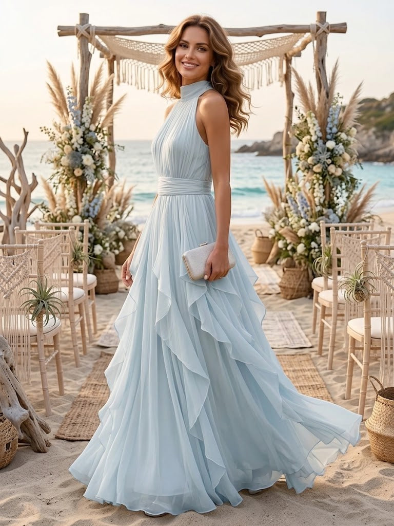 A Line High Neck Chiffon Sleeveless Wedding Guest Dresses with Pleated