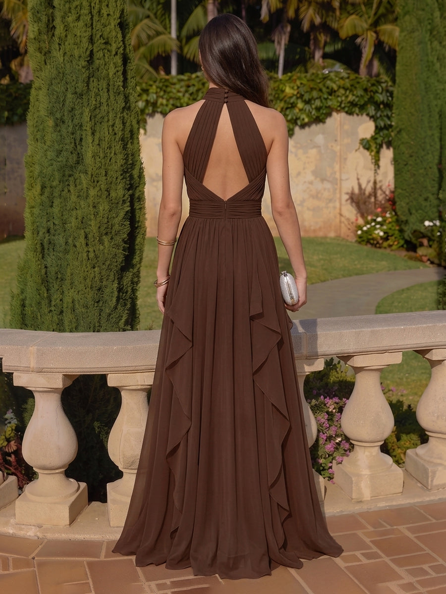 A Line High Neck Chiffon Sleeveless Wedding Guest Dresses with Pleated Ruffles Formal Dresses