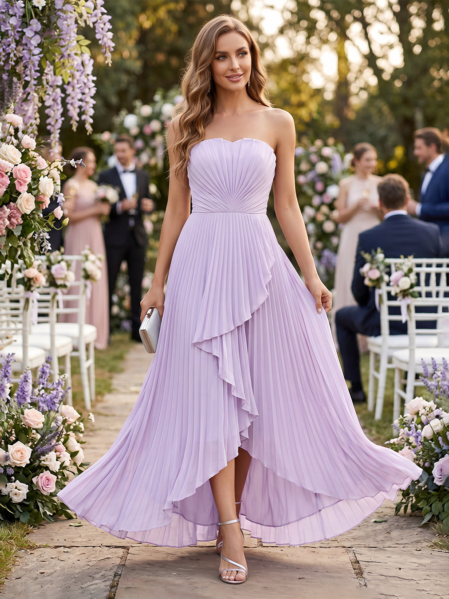 Chiffon A Line Strapless Sleeveless Wedding Guest Dresses with Pleated
