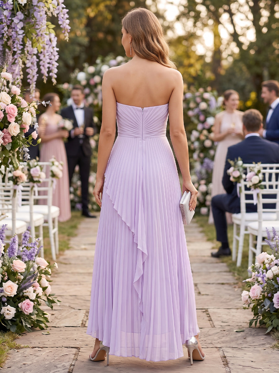 Chiffon A Line Strapless Sleeveless Wedding Guest Dresses with Pleated