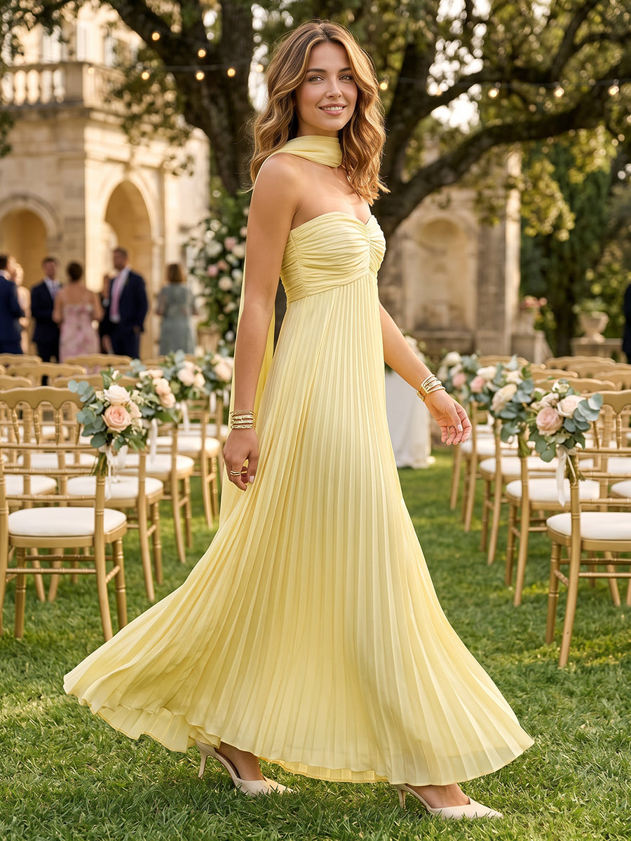 A Line Strapless Chiffon Sleeveless Wedding Guest Dresses with Pleated