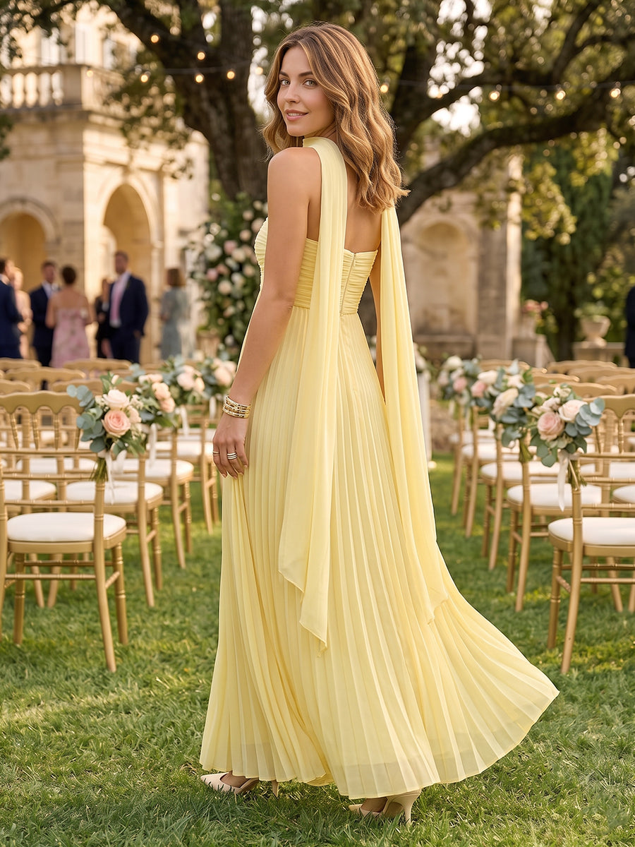 A Line Strapless Chiffon Sleeveless Wedding Guest Dresses with Pleated