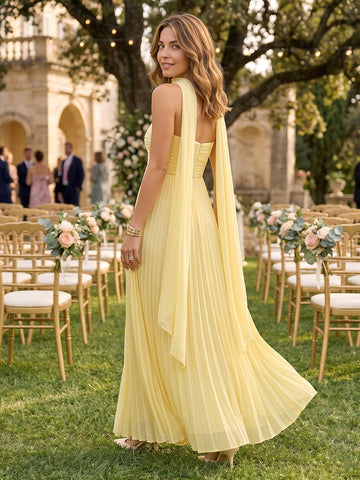 A Line Strapless Chiffon Sleeveless Wedding Guest Dresses with Pleated