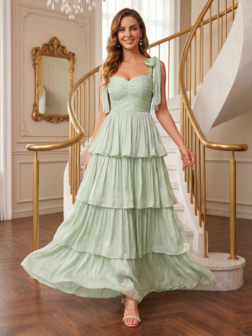 A Line Sweetheart Chiffon Sleeveless Tiered Wedding Guest Dresses