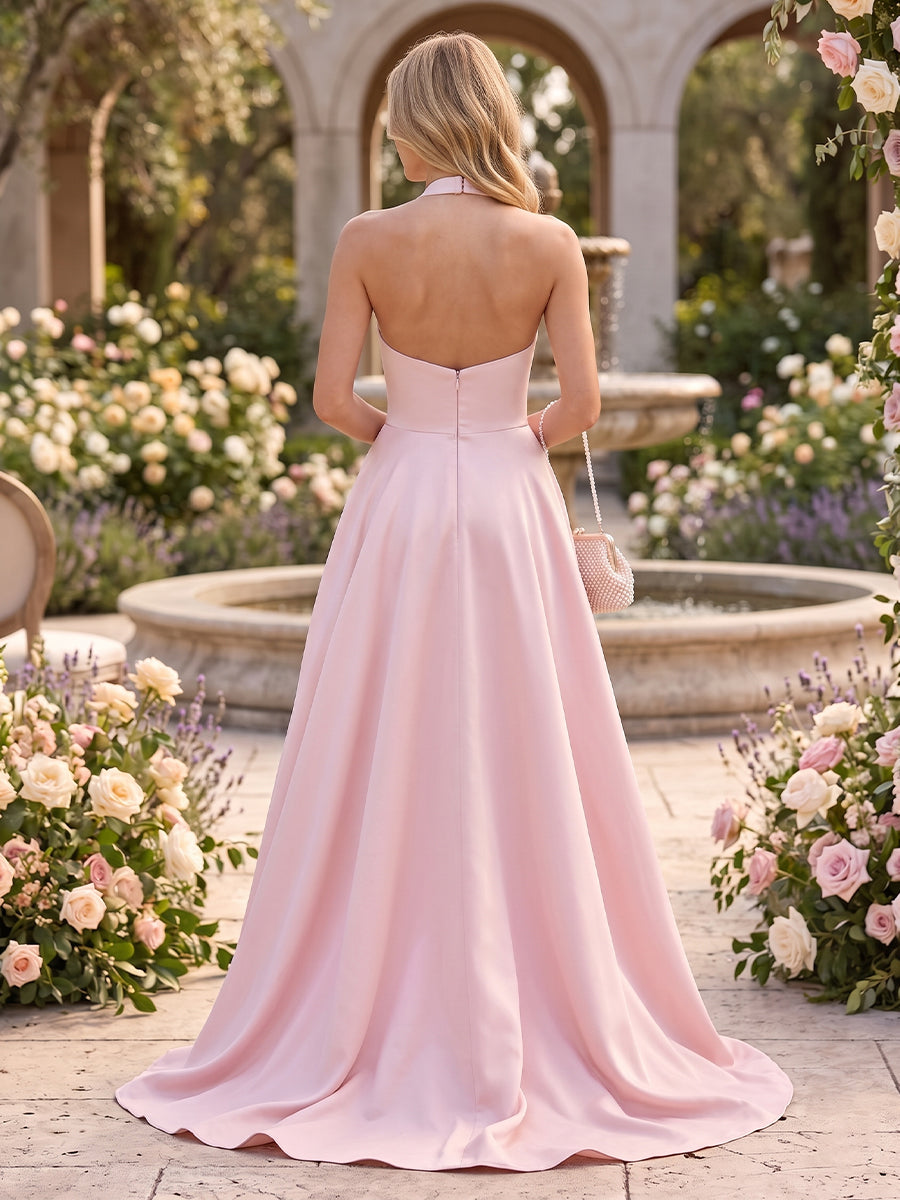 A Line Satin Halter Sleeveless Wedding Guest Dresses