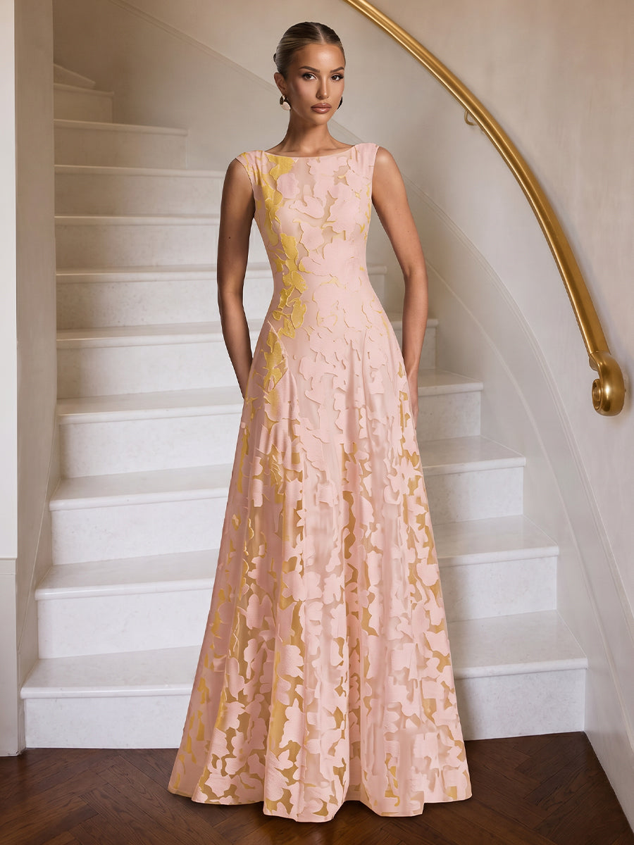 Boat Neck Satin A Line Sleeveless Jacquard Wedding Guest Dresses