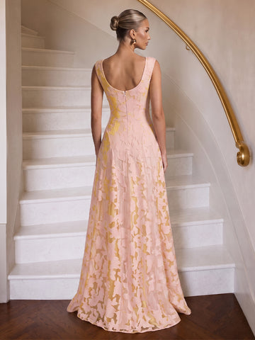 Boat Neck Satin A Line Sleeveless Jacquard Wedding Guest Dresses