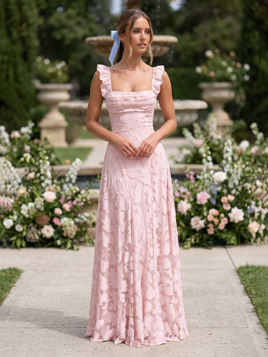 A Line Square Neck Satin Sleeveless Jacquard Wedding Guest Dresses