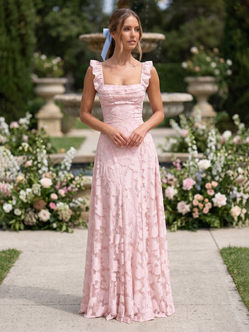 A Line Square Neck Satin Sleeveless Jacquard Wedding Guest Dresses