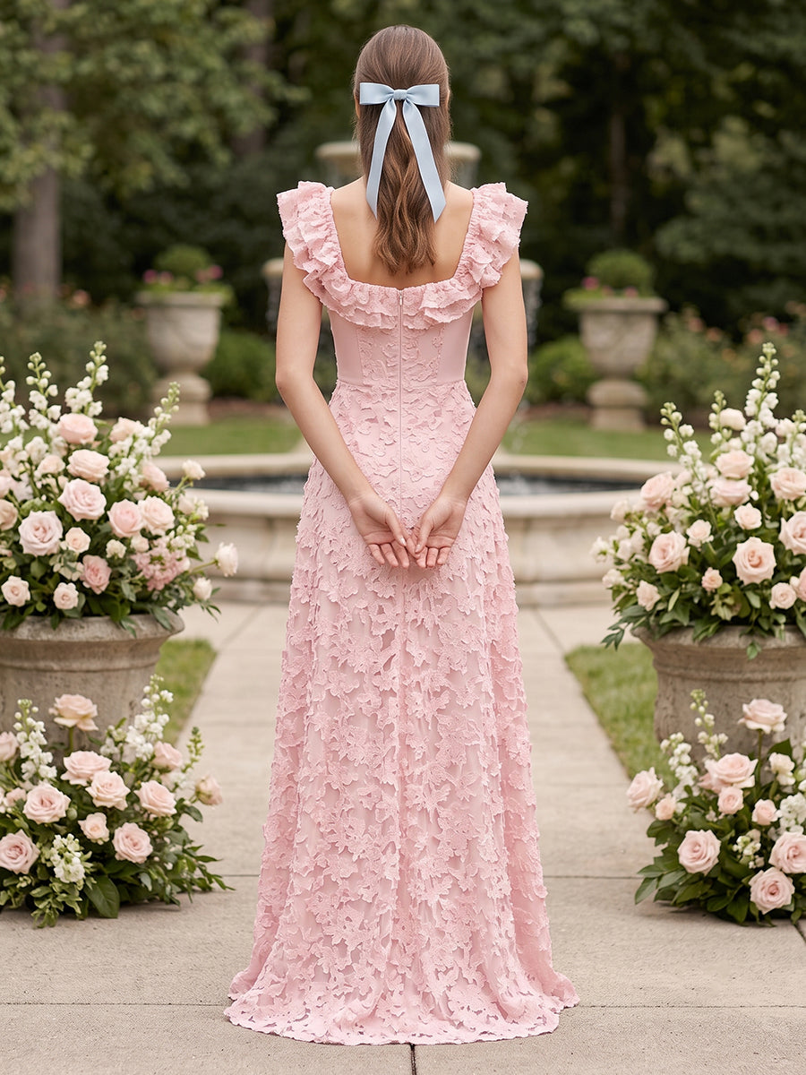 A Line Square Neck Satin Sleeveless Jacquard Wedding Guest Dresses