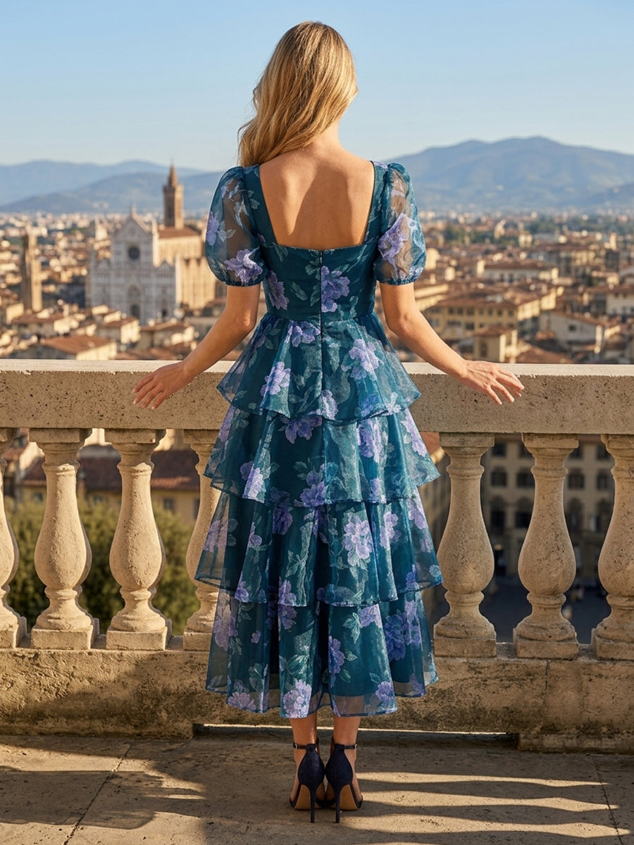 Square Neck Chiffon A Line Short Sleeves Floral Print Tiered Wedding Guest Dresses