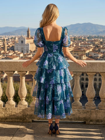 Square Neck Chiffon A Line Short Sleeves Floral Print Tiered Wedding Guest Dresses