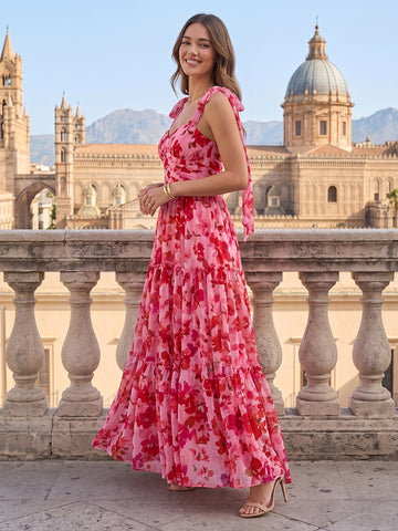 A Line Sweetheart Chiffon Sleeveless Floral Print Corset Wedding Guest Dresses with Slit