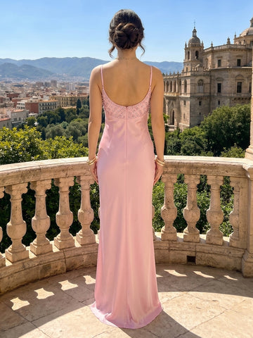 Satin Sheath Spaghetti Straps Sleeveless Rhinestone Wedding Guest Dresses