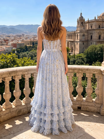 Chiffon A Line Sweetheart Sleeveless Floral Print Wedding Guest Dresses with Slit