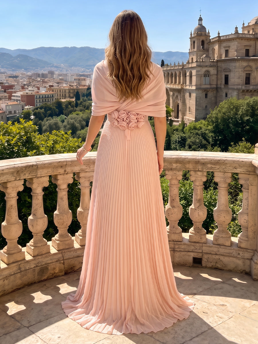A Line V Neck Chiffon Half Sleeves Wedding Guest Dresses with Ruched