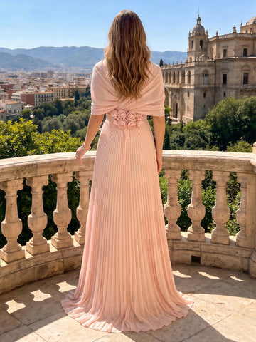 A Line V Neck Chiffon Half Sleeves Wedding Guest Dresses with Ruched