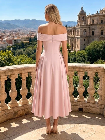 Off the Shoulder Satin A Line Sleeveless Wedding Guest Dresses