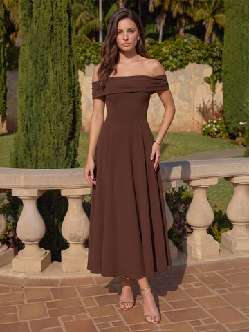 Stretch Satin A Line Sleeveless Wedding Guest Dresses Midi Off the Shoulder Cocktail Dresses