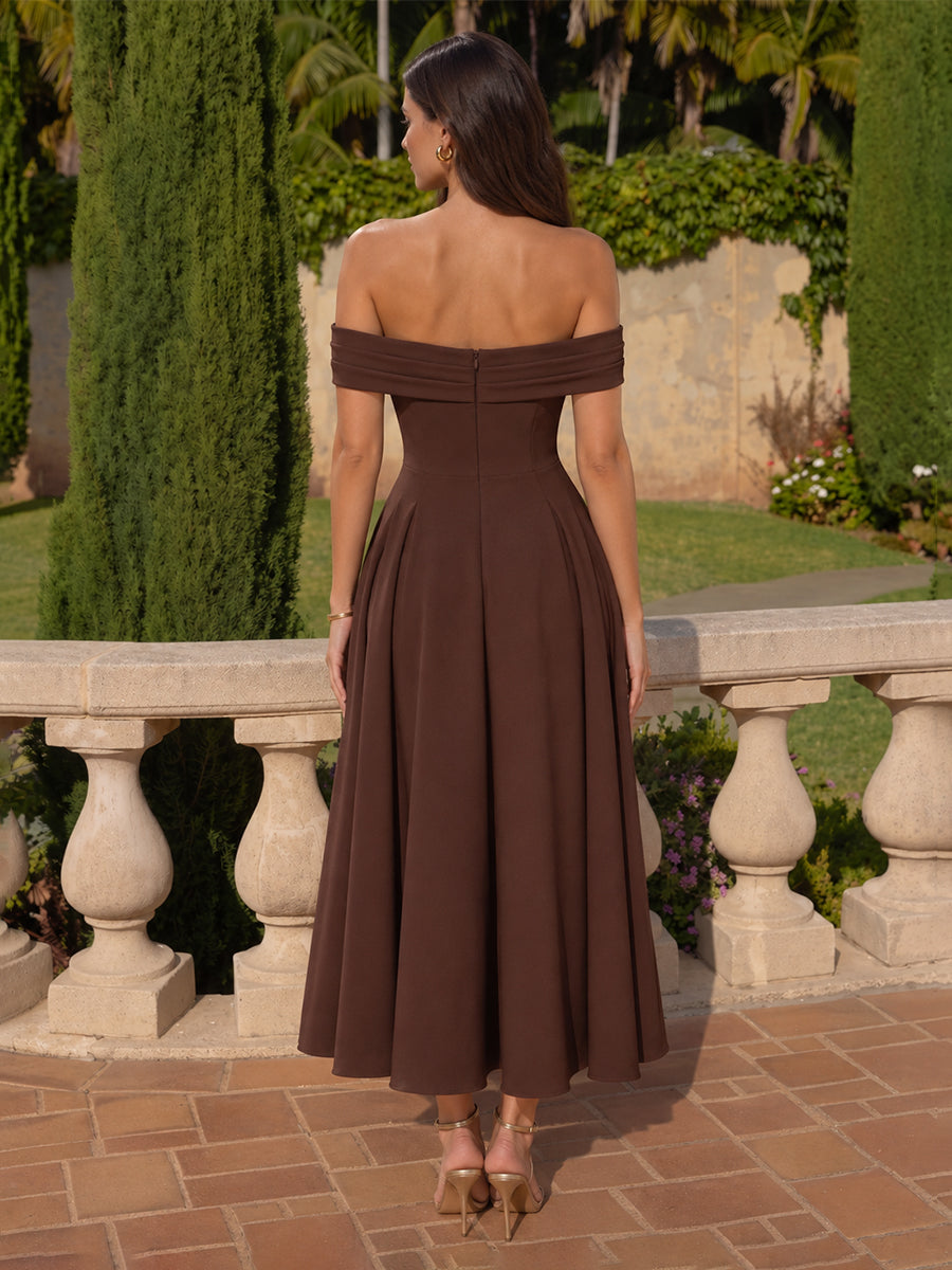 Stretch Satin A Line Sleeveless Wedding Guest Dresses Midi Off the Shoulder Cocktail Dresses